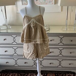 Boho-Chic Beige Cotton Romper with Crochet Trim
